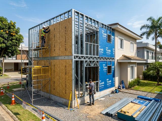 Canteiro de obras de construção em Light Steel Frame em Curitiba com perfis galvanizados e barreira Tyvek