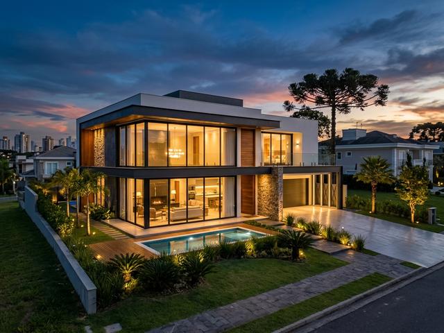 Mansão residencial contemporânea de alto padrão em Light Steel Frame em condomínio fechado de Curitiba